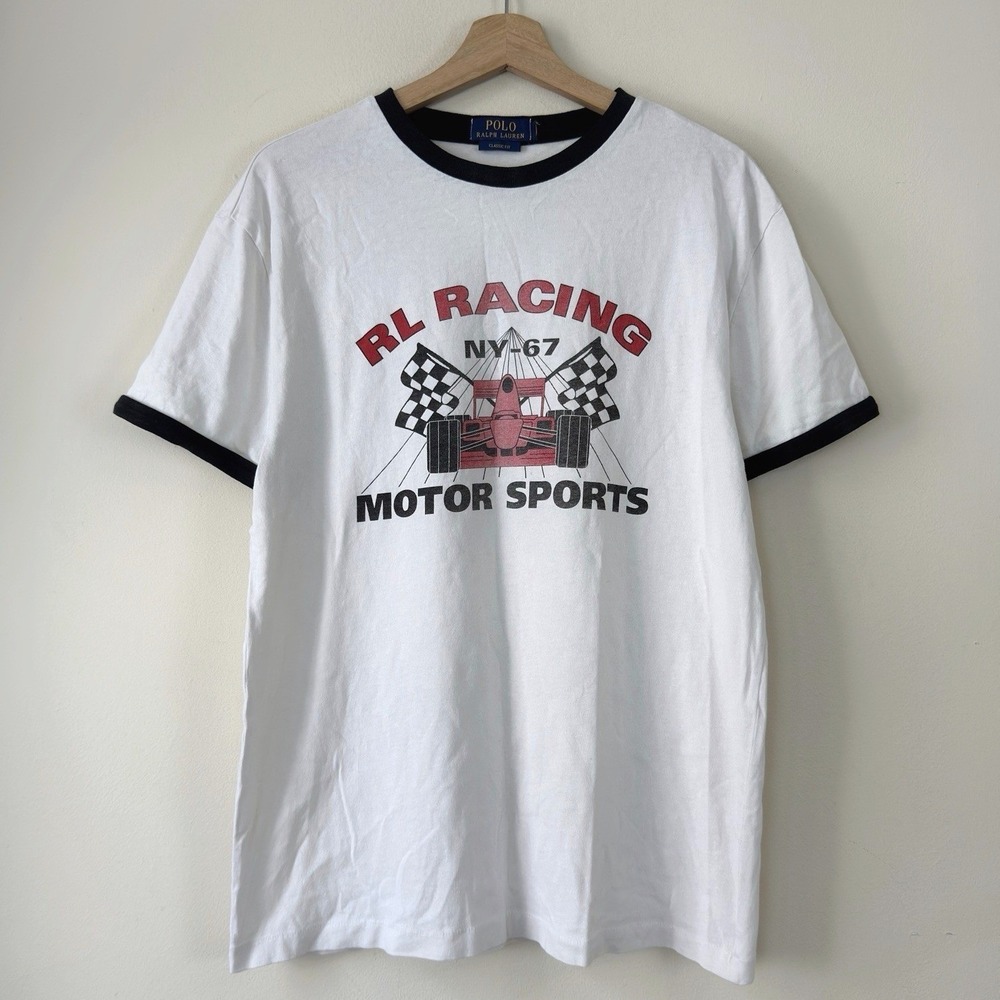 Men's Polo Ralph Lauren RL Racing Motor Sports Ringer White Tee Shirt - Medium
